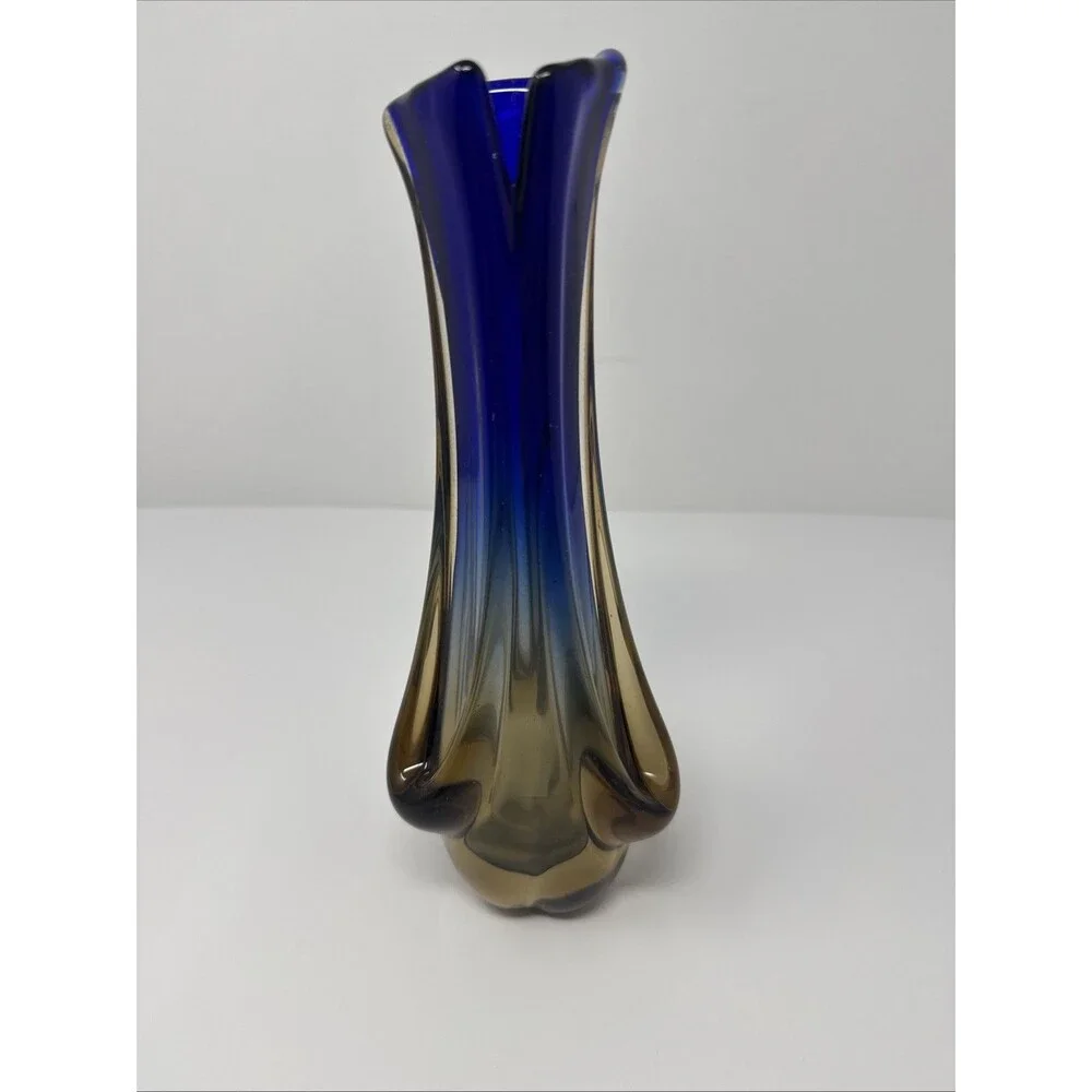 Vintage Murano? Style Sommerso MCM Blue & Amber Submerged Art Glass Vase
